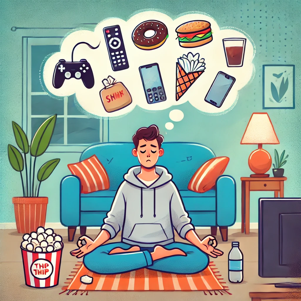 Stay motivated to meditate: A person meditating but looking unmotivated, with a thought bubble showing distractions like TV, phone, and snacks.