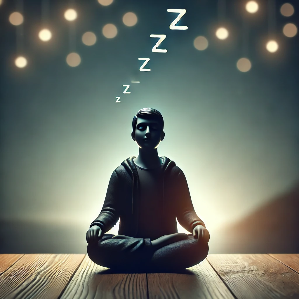 A person meditating in a peaceful setting but starting to nod off, symbolizing the challenge of falling asleep during meditation