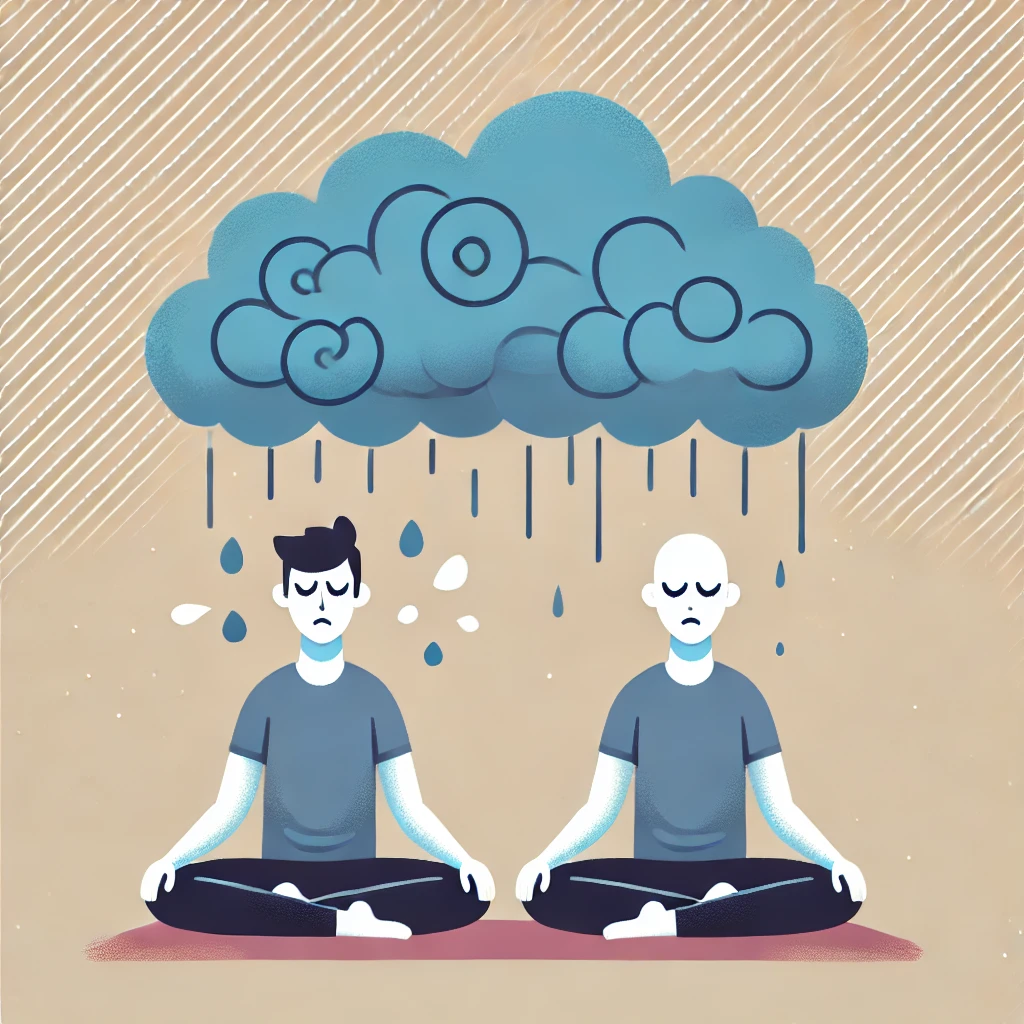 A person meditating with a storm cloud above their head, representing overwhelming emotions during meditation. The person looks calm but is observing