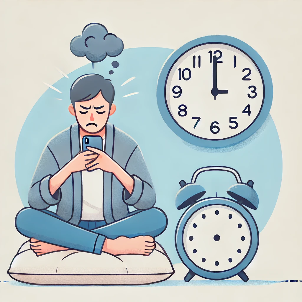 How to Overcome Meditation Challenges- A person sitting cross-legged on a cushion, looking at a clock with a frustrated expression, symbolizing the challenge of not having enough time for m